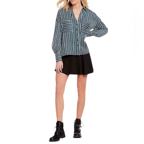 Free People Mad About You Striped Button-Up Long Sleeve Shirt Navy Large NWT - Picture 4 of 12